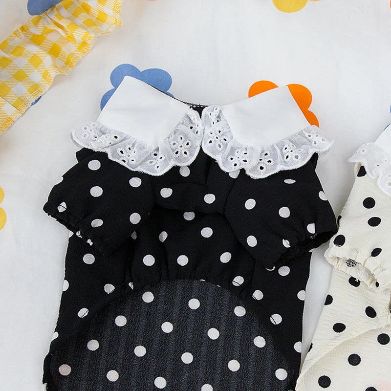 Cute Polka Dotted Lace Bow Black Puppy Shirt