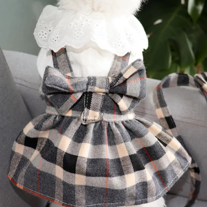Dog Plaid Dress With Big Bowknot