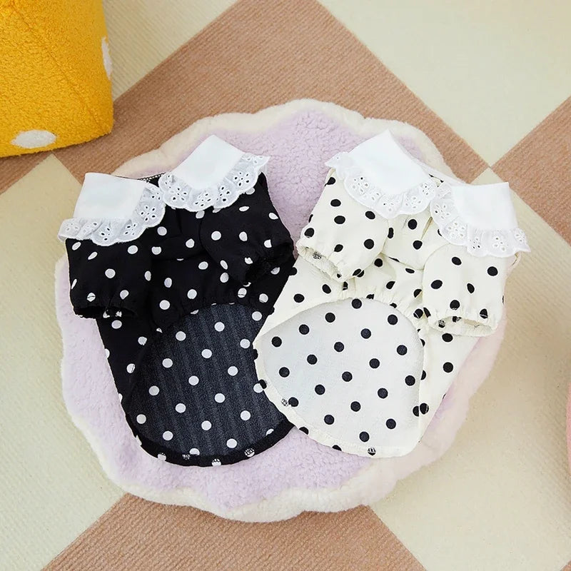 Cute Polka Dotted Lace Bow Black Puppy Shirt