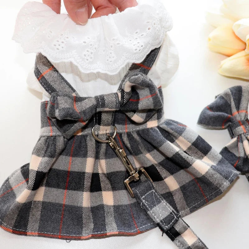 Dog Plaid Dress With Big Bowknot
