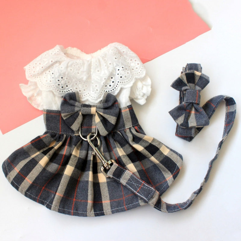 Dog Plaid Dress With Big Bowknot