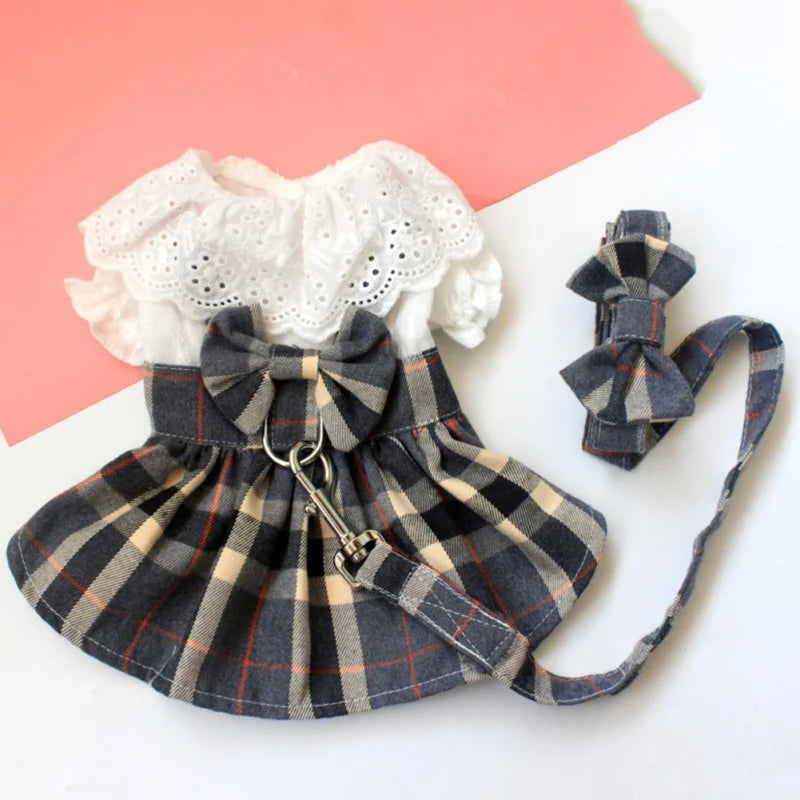 Dog Plaid Dress With Big Bowknot