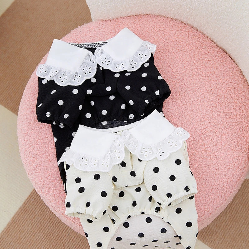 Cute Polka Dotted Lace Bow Black Puppy Shirt