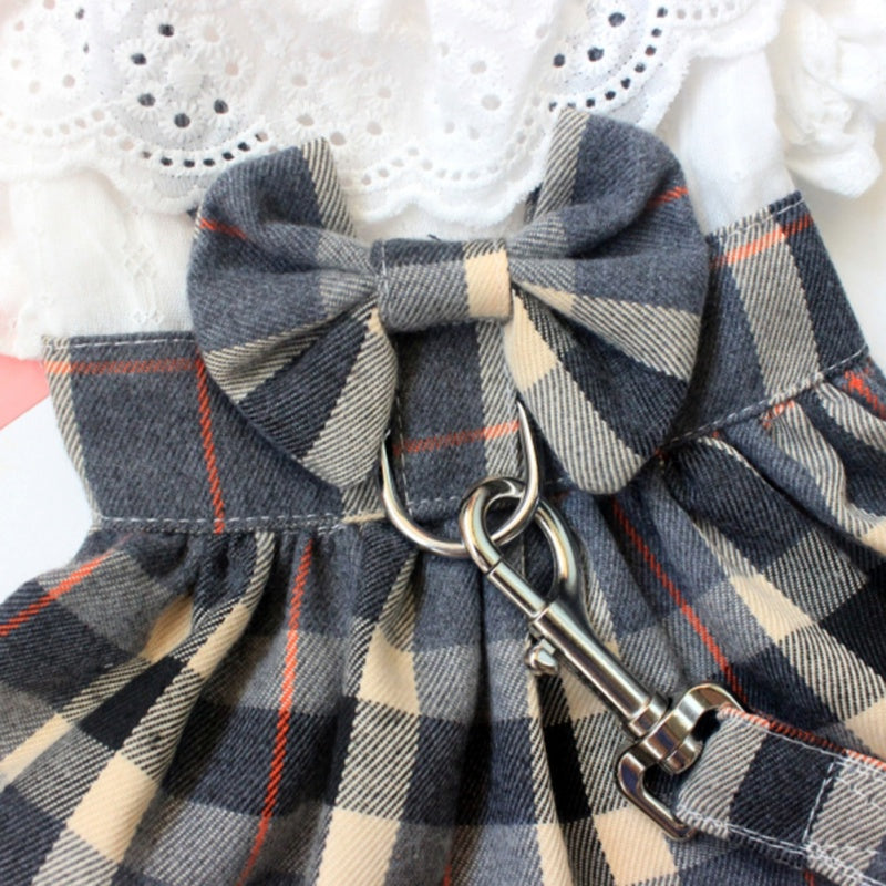 Dog Plaid Dress With Big Bowknot