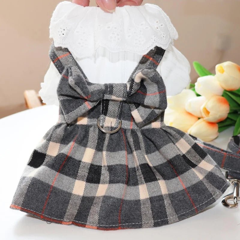 Dog Plaid Dress With Big Bowknot